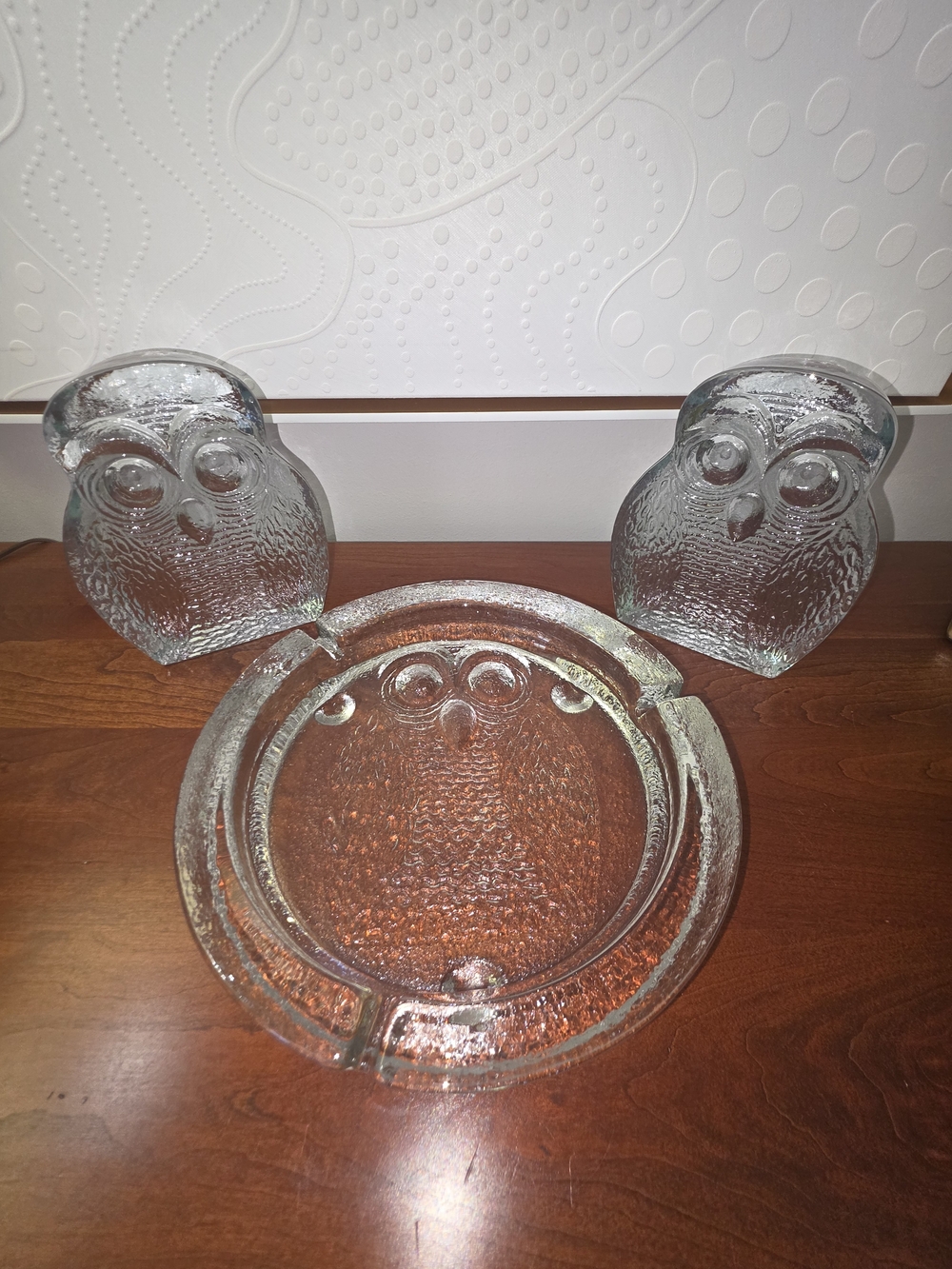 Clear Glass Owl Decorative Accent Set - Clear Owl Ashtray and Bookends